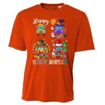 Funny School Bus Witch Turkey Santa Happy Hallothanksmas Gift Cooling Performance Crew T-Shirt