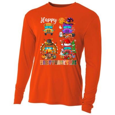 Funny School Bus Witch Turkey Santa Happy Hallothanksmas Gift Cooling Performance Long Sleeve Crew