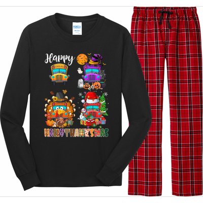 Funny School Bus Witch Turkey Santa Happy Hallothanksmas Gift Long Sleeve Pajama Set