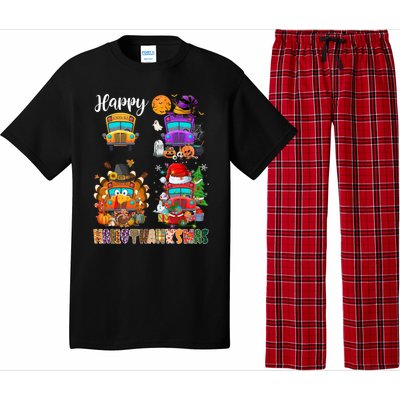 Funny School Bus Witch Turkey Santa Happy Hallothanksmas Gift Pajama Set