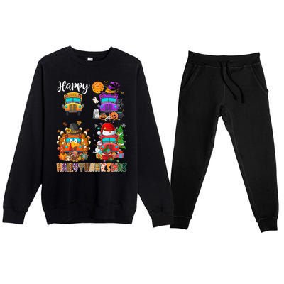 Funny School Bus Witch Turkey Santa Happy Hallothanksmas Gift Premium Crewneck Sweatsuit Set