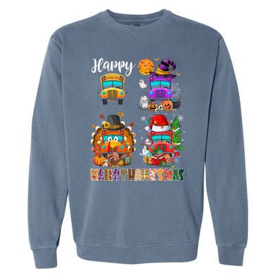 Funny School Bus Witch Turkey Santa Happy Hallothanksmas Gift Garment-Dyed Sweatshirt