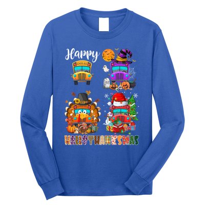 Funny School Bus Witch Turkey Santa Happy Hallothanksmas Gift Long Sleeve Shirt