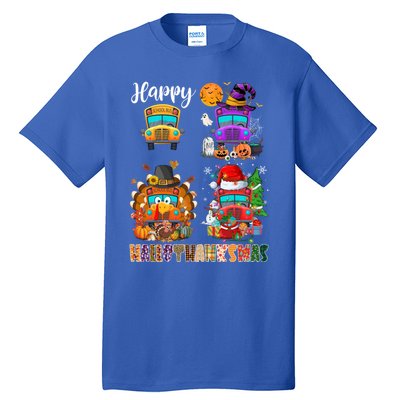 Funny School Bus Witch Turkey Santa Happy Hallothanksmas Gift Tall T-Shirt