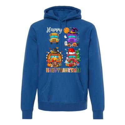 Funny School Bus Witch Turkey Santa Happy Hallothanksmas Gift Premium Hoodie