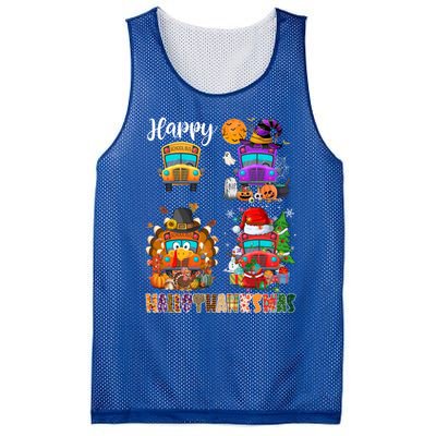 Funny School Bus Witch Turkey Santa Happy Hallothanksmas Gift Mesh Reversible Basketball Jersey Tank