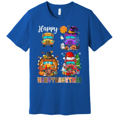 Funny School Bus Witch Turkey Santa Happy Hallothanksmas Gift Premium T-Shirt