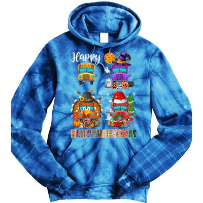 Funny School Bus Witch Turkey Santa Happy Hallothanksmas Gift Tie Dye Hoodie