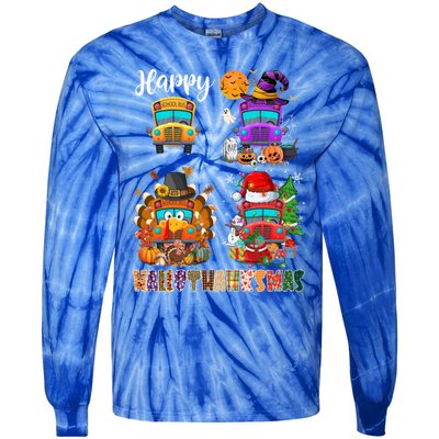 Funny School Bus Witch Turkey Santa Happy Hallothanksmas Gift Tie-Dye Long Sleeve Shirt