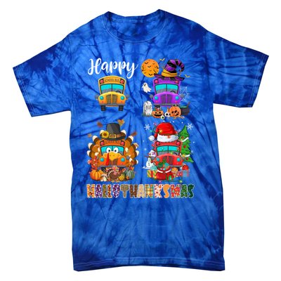 Funny School Bus Witch Turkey Santa Happy Hallothanksmas Gift Tie-Dye T-Shirt