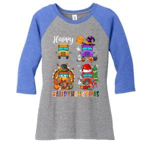 Funny School Bus Witch Turkey Santa Happy Hallothanksmas Gift Women's Tri-Blend 3/4-Sleeve Raglan Shirt