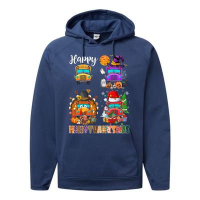 Funny School Bus Witch Turkey Santa Happy Hallothanksmas Gift Performance Fleece Hoodie