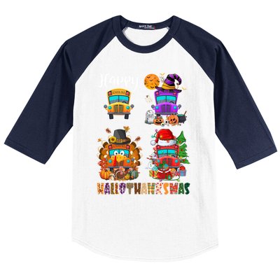 Funny School Bus Witch Turkey Santa Happy Hallothanksmas Gift Baseball Sleeve Shirt