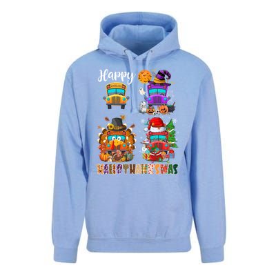 Funny School Bus Witch Turkey Santa Happy Hallothanksmas Gift Unisex Surf Hoodie