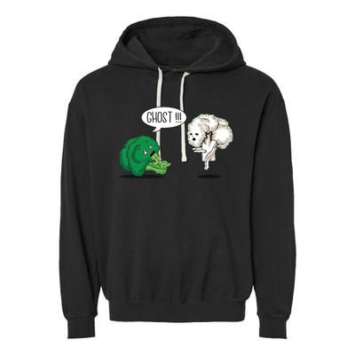 Funny Scared Broccoli By Ghost Cauliflower Funny Vegetarian Gift Garment-Dyed Fleece Hoodie