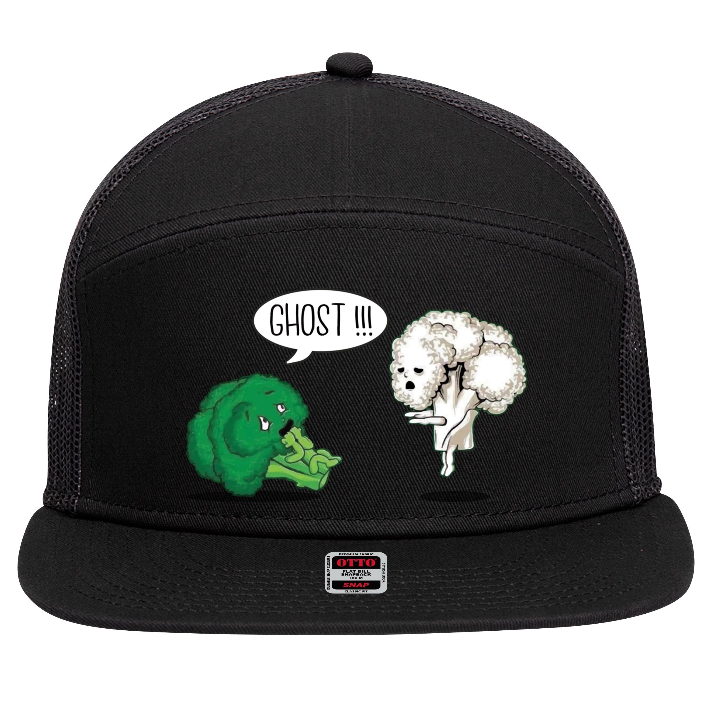 Funny Scared Broccoli By Ghost Cauliflower Funny Vegetarian Gift 7 Panel Mesh Trucker Snapback Hat