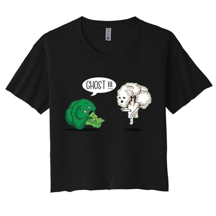 Funny Scared Broccoli By Ghost Cauliflower Funny Vegetarian Gift Women's Crop Top Tee