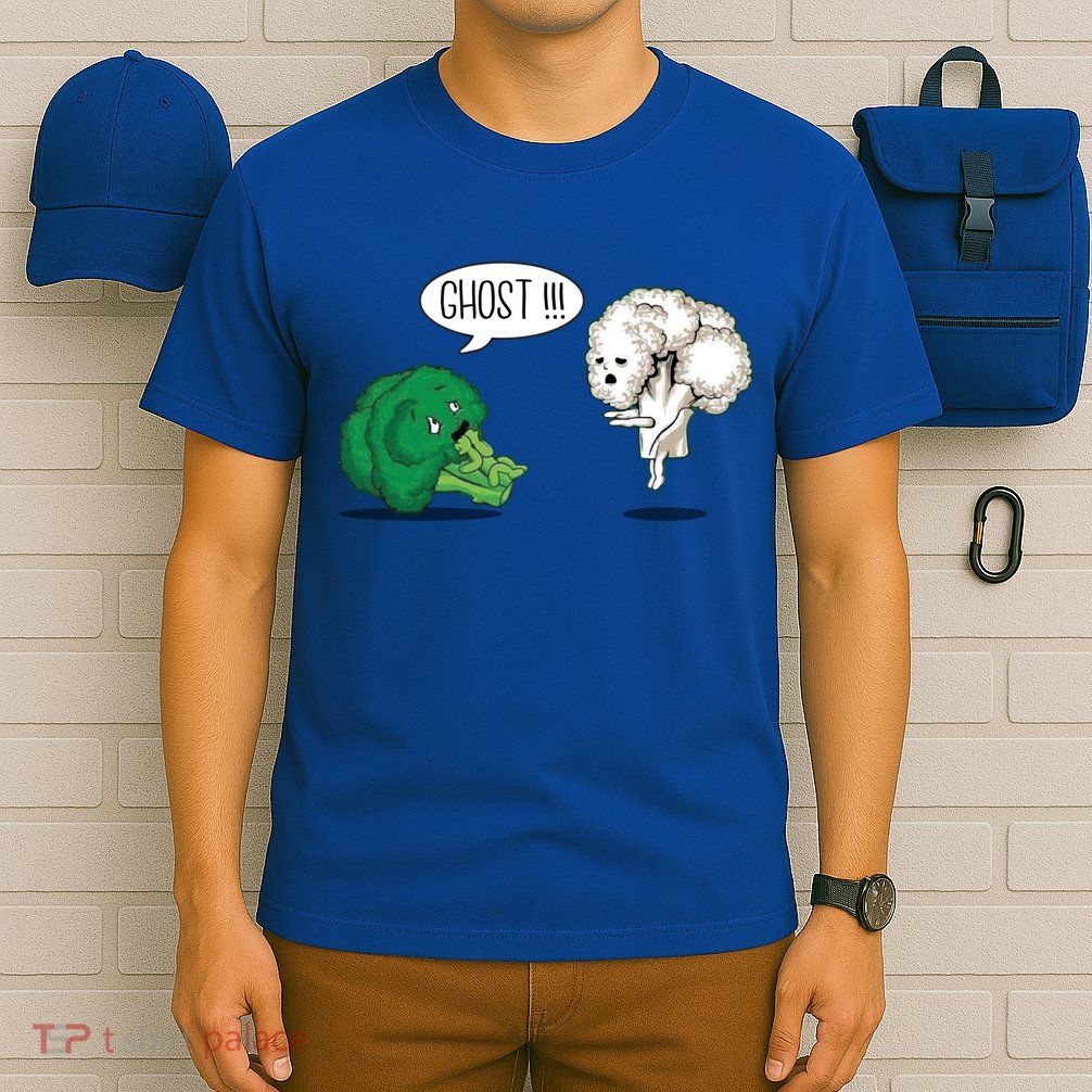 Funny Scared Broccoli By Ghost Cauliflower Funny Vegetarian Gift T-Shirt