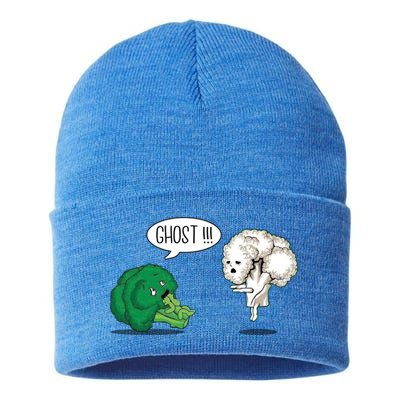 Funny Scared Broccoli By Ghost Cauliflower Funny Vegetarian Gift Sustainable Knit Beanie