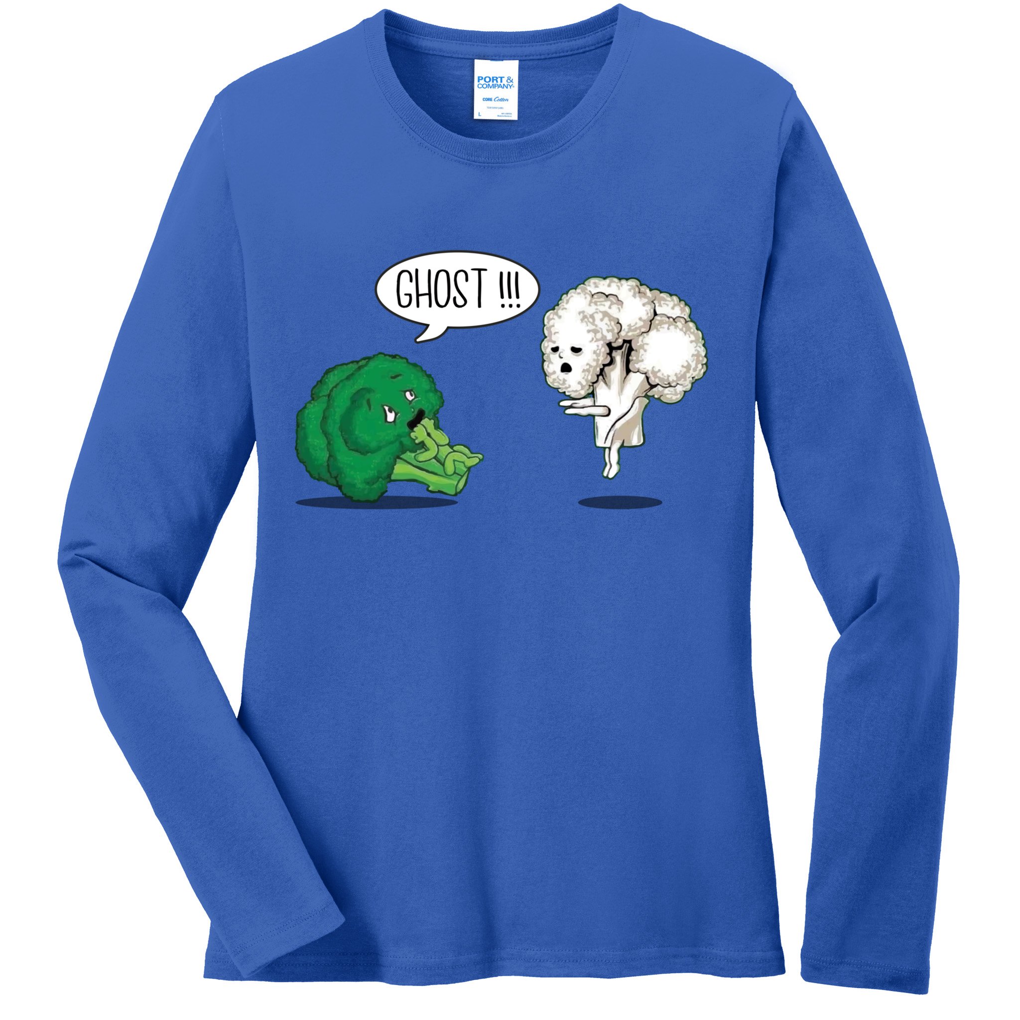 Funny Scared Broccoli By Ghost Cauliflower Funny Vegetarian Gift Ladies Long Sleeve Shirt