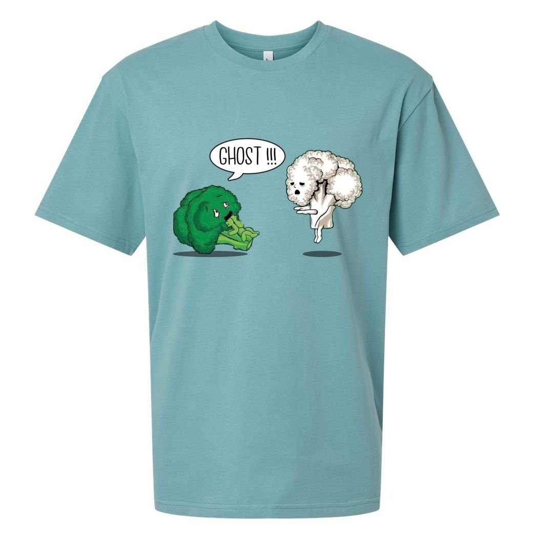 Funny Scared Broccoli By Ghost Cauliflower Funny Vegetarian Gift Sueded Cloud Jersey T-Shirt