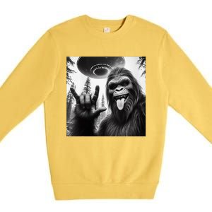 Funny Sasquatch Bigfoot Rock On Selfie With Ufo Alien Premium Crewneck Sweatshirt