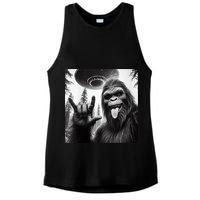 Funny Sasquatch Bigfoot Rock On Selfie With Ufo Alien Ladies PosiCharge Tri-Blend Wicking Tank