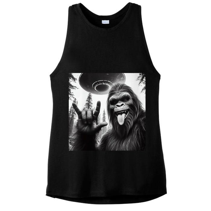 Funny Sasquatch Bigfoot Rock On Selfie With Ufo Alien Ladies PosiCharge Tri-Blend Wicking Tank