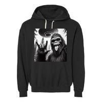 Funny Sasquatch Bigfoot Rock On Selfie With Ufo Alien Garment-Dyed Fleece Hoodie