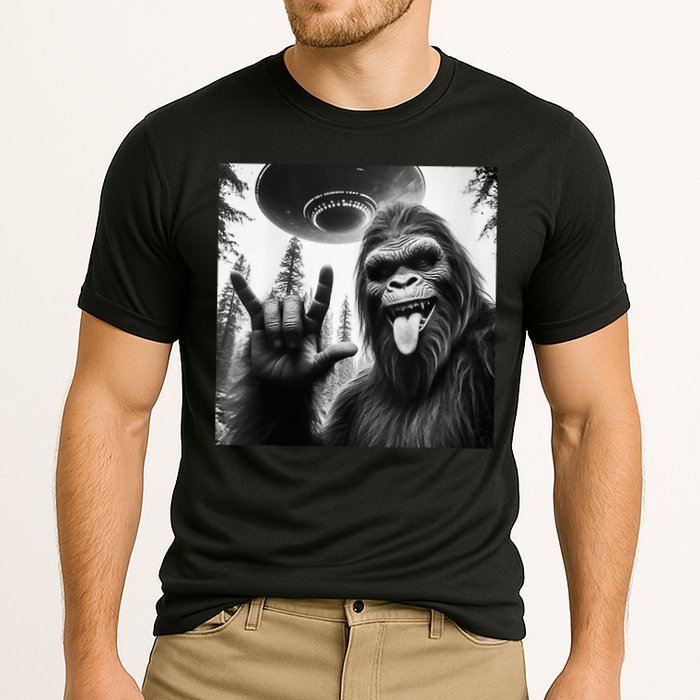 Funny Sasquatch Bigfoot Rock On Selfie With Ufo Alien Performance Shirt