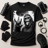 Funny Sasquatch Bigfoot Rock On Selfie With Ufo Alien Performance Shirt