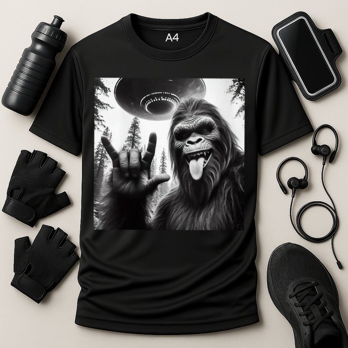 Funny Sasquatch Bigfoot Rock On Selfie With Ufo Alien Performance Shirt