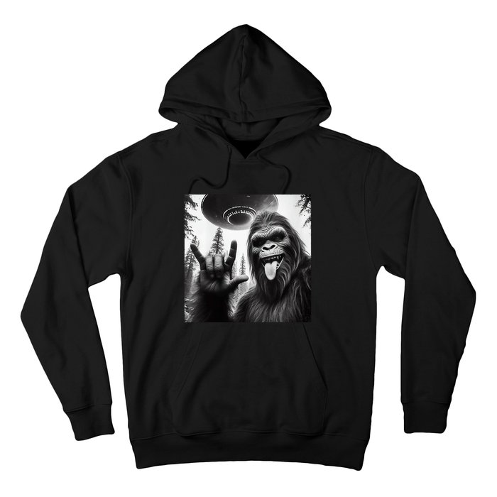 Funny Sasquatch Bigfoot Rock On Selfie With Ufo Alien Hoodie