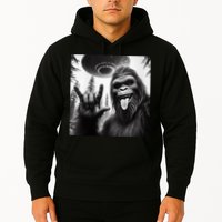 Funny Sasquatch Bigfoot Rock On Selfie With Ufo Alien Hoodie