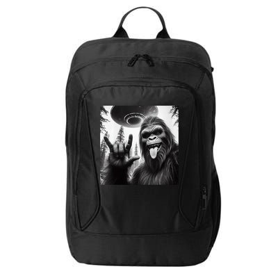 Funny Sasquatch Bigfoot Rock On Selfie With Ufo Alien City Backpack