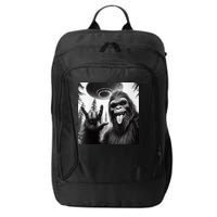 Funny Sasquatch Bigfoot Rock On Selfie With Ufo Alien City Backpack