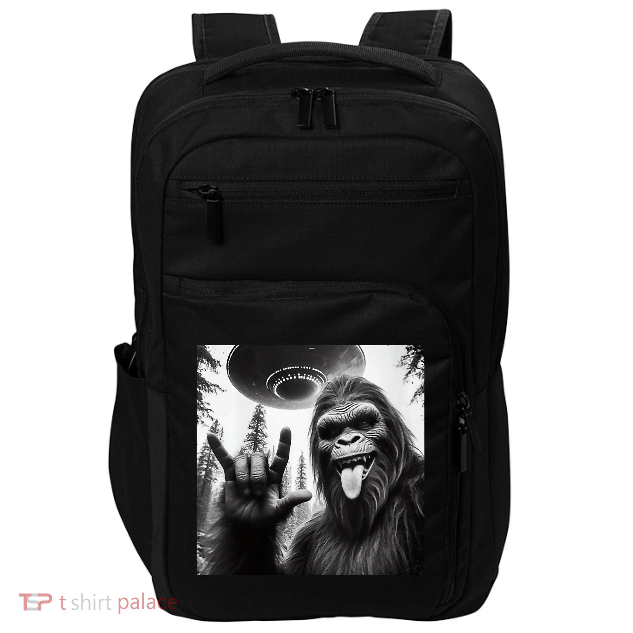 Funny Sasquatch Bigfoot Rock On Selfie With Ufo Alien Impact Tech Backpack