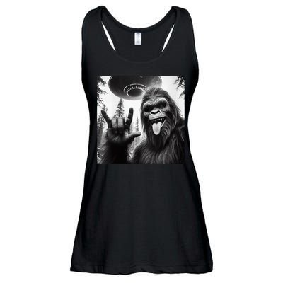 Funny Sasquatch Bigfoot Rock On Selfie With Ufo Alien Ladies Essential Flowy Tank