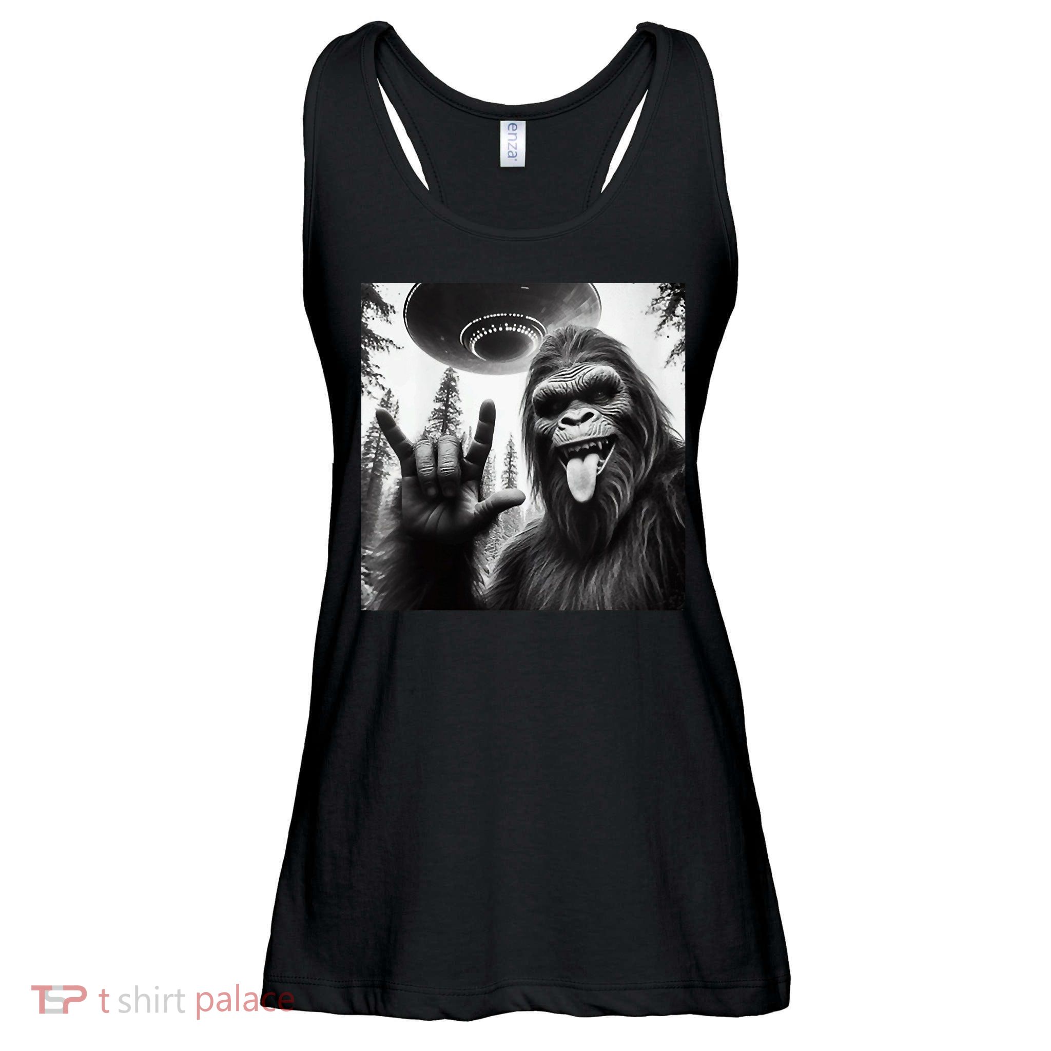 Funny Sasquatch Bigfoot Rock On Selfie With Ufo Alien Ladies Essential Flowy Tank