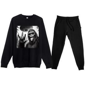 Funny Sasquatch Bigfoot Rock On Selfie With Ufo Alien Premium Crewneck Sweatsuit Set