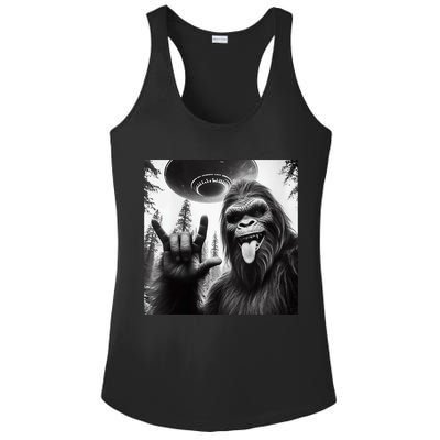 Funny Sasquatch Bigfoot Rock On Selfie With Ufo Alien Ladies PosiCharge Competitor Racerback Tank