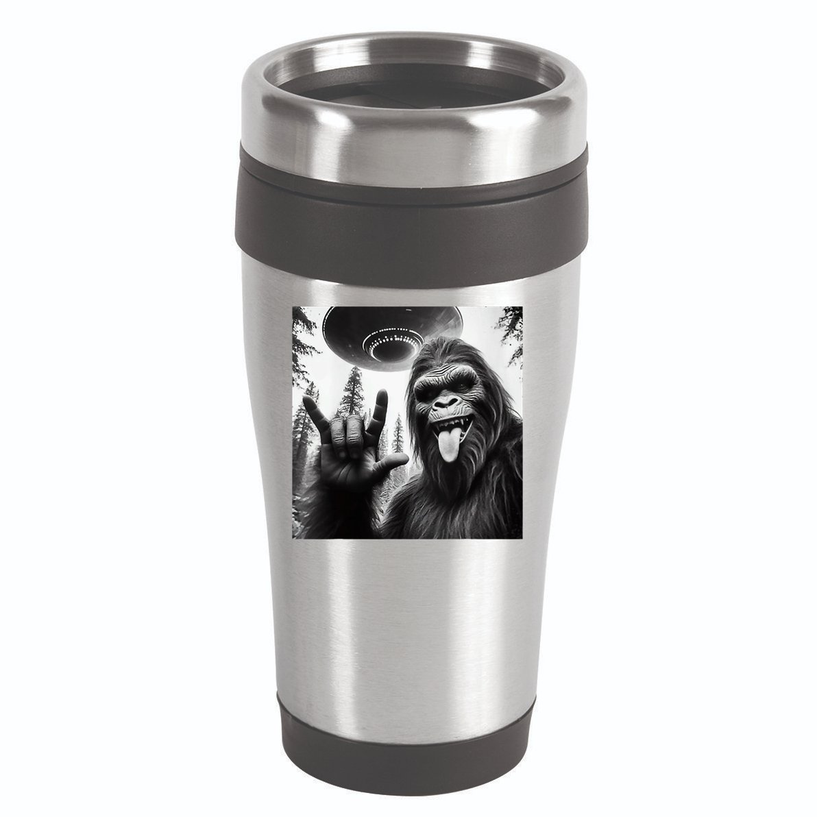 Funny Sasquatch Bigfoot Rock On Selfie With Ufo Alien 16oz Travel Tumbler