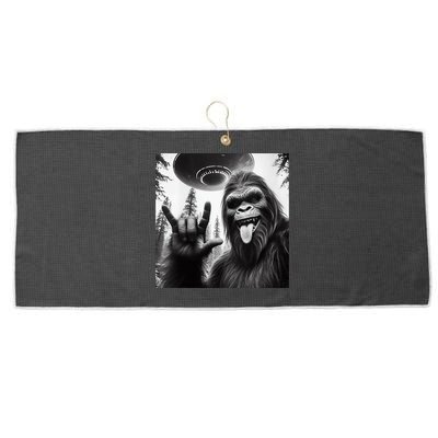 Funny Sasquatch Bigfoot Rock On Selfie With Ufo Alien Large Microfiber Waffle Golf Towel