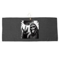 Funny Sasquatch Bigfoot Rock On Selfie With Ufo Alien Large Microfiber Waffle Golf Towel