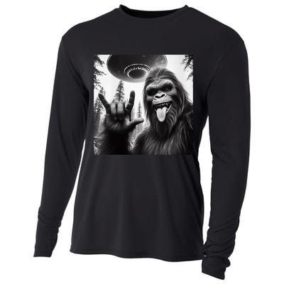 Funny Sasquatch Bigfoot Rock On Selfie With Ufo Alien Cooling Performance Long Sleeve Crew