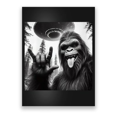 Funny Sasquatch Bigfoot Rock On Selfie With Ufo Alien Poster