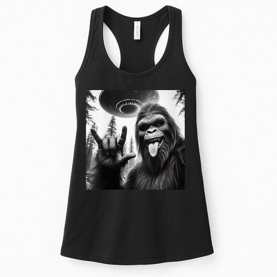 Funny Sasquatch Bigfoot Rock On Selfie With Ufo Alien Womens Tank Top