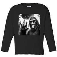 Funny Sasquatch Bigfoot Rock On Selfie With Ufo Alien Toddler Long Sleeve Shirt