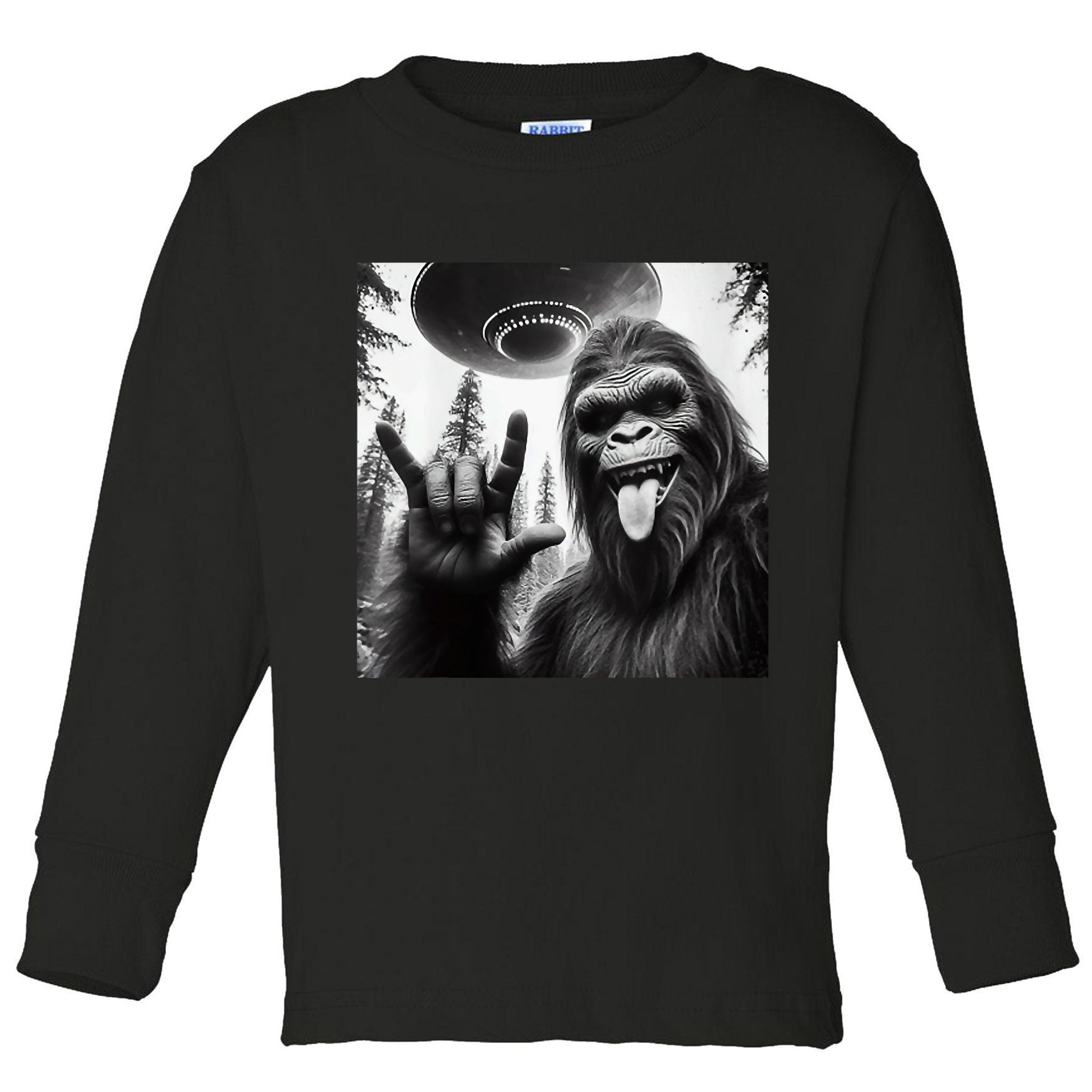 Funny Sasquatch Bigfoot Rock On Selfie With Ufo Alien Toddler Long Sleeve Shirt