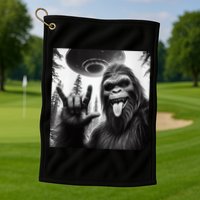 Funny Sasquatch Bigfoot Rock On Selfie With Ufo Alien Golf Towel